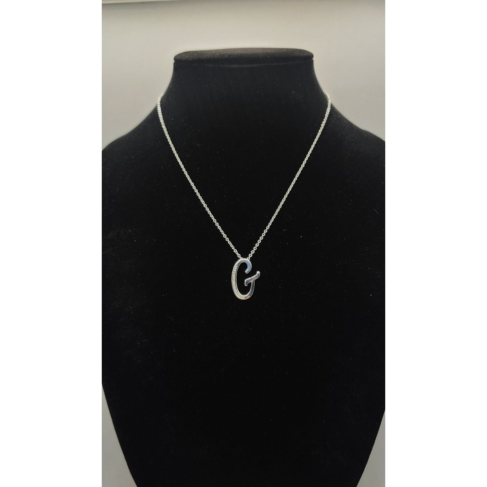 Initial G Script Letter Necklace Pave CZ Silver Tone Pendant